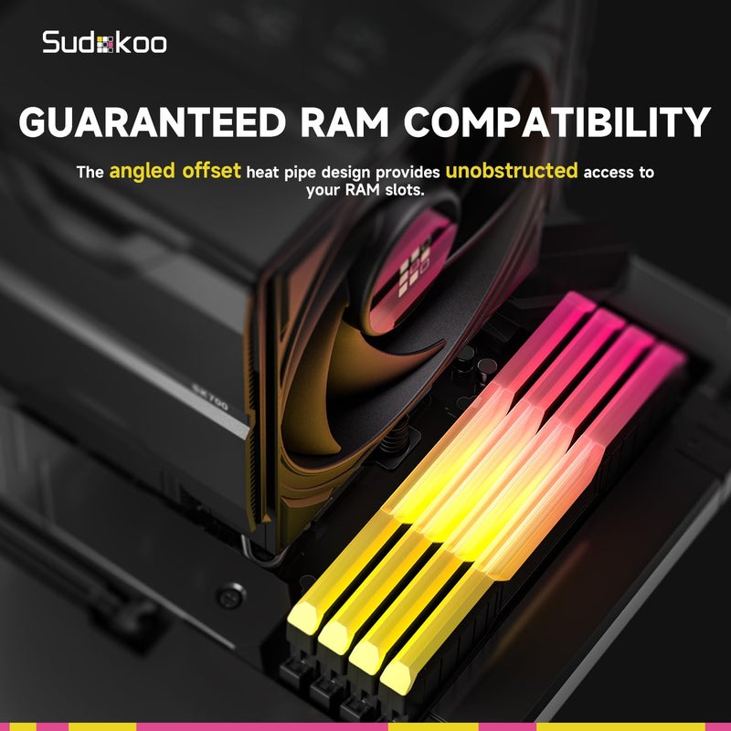Sudokoo مبرد وحدة المعالجة المركزية SK700V AM5، حصري لـ AM5، شاشة رقمية، 7 أنابيب حرارية، مبرد هواء وحدة المعالجة المركزية، برج واحد، مروحة 120 مم FDB PWM، حرية كاملة في الذاكرة، قفل تركيب L-Rail، ضمان 5 سنوات، أسود - Image 5